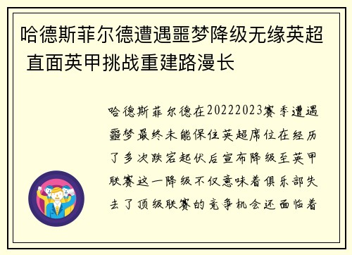 哈德斯菲尔德遭遇噩梦降级无缘英超 直面英甲挑战重建路漫长