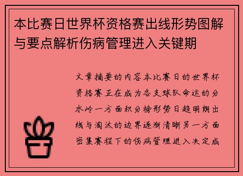 本比赛日世界杯资格赛出线形势图解与要点解析伤病管理进入关键期 本比赛日世界杯资格赛出线形势图解与要点解析伤病管理进入关键期